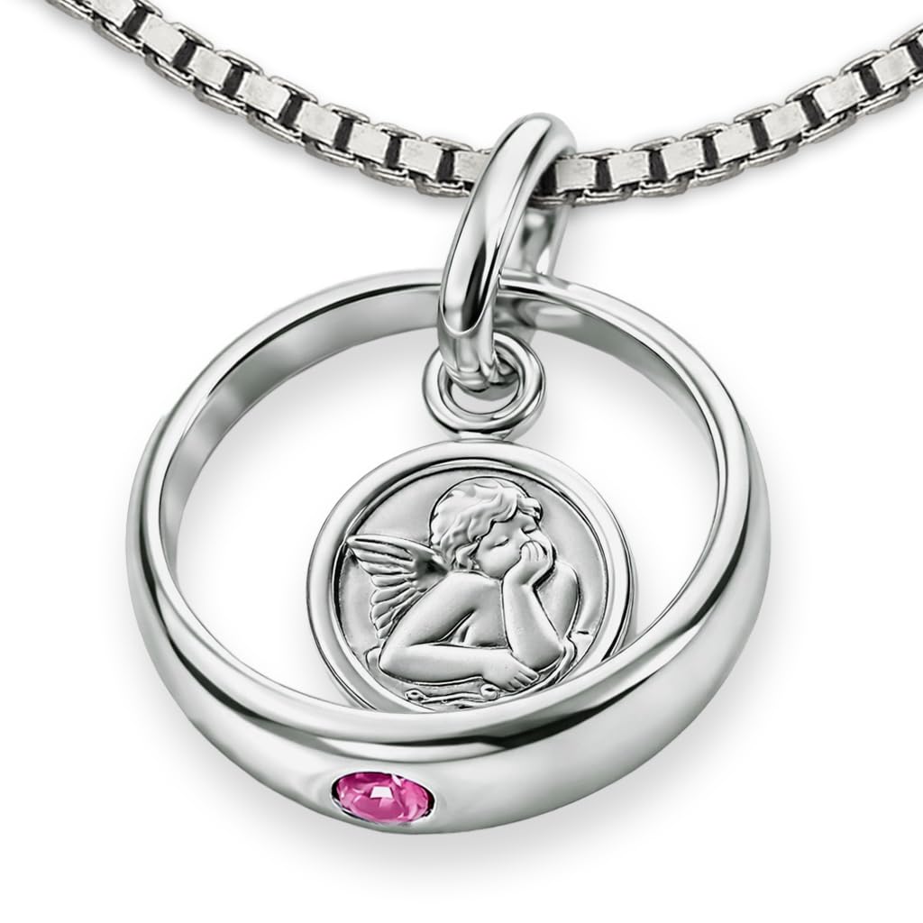 CLEVER SCHMUCK Taufkette mit Schutzengel Ø 12 mm Engel rund mit Zirkonia rosa und Veneziakette 36 cm 925 Sterling Silber Taufgeschenk für Mädchen im Taufe Etui