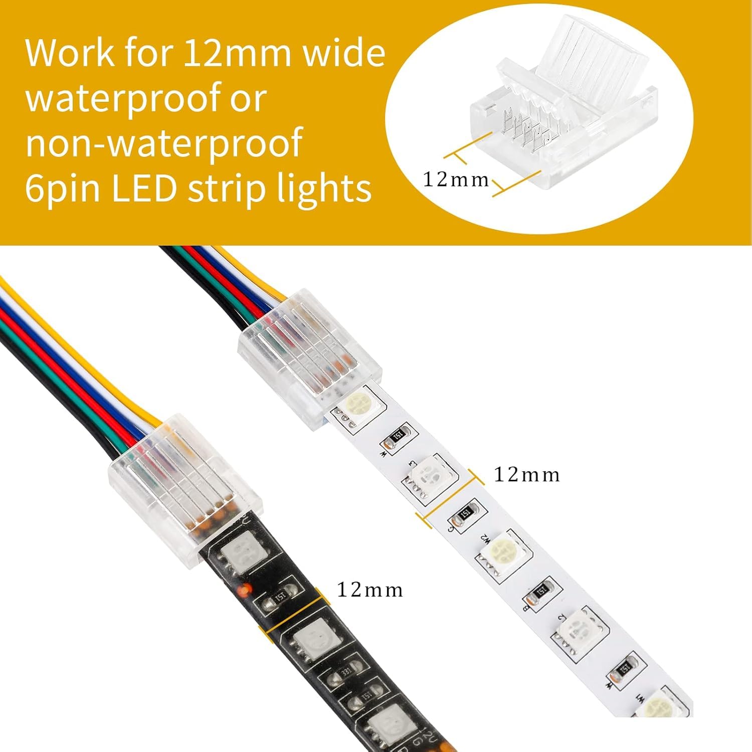 12mm 6-pin wide LED strip connector solderless, 20pcs, 6 wires, for waterproof or non-waterproof LED strip light - Image 2