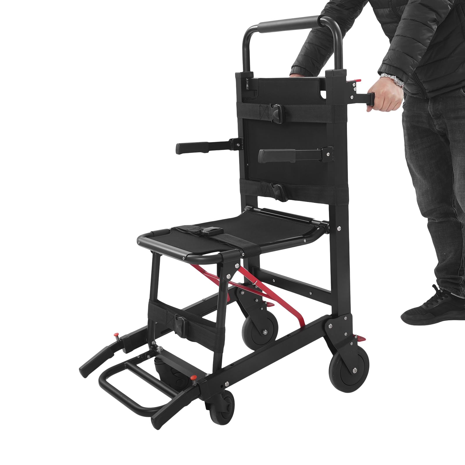 Silla de ruedas plegable de evacuación, 48 x 75 x 112 cm, mango telescópico, silla de movilidad, silla de ruedas plegable de 180 kg, silla de ruedas ligera para adultos y personas mayores (negro)