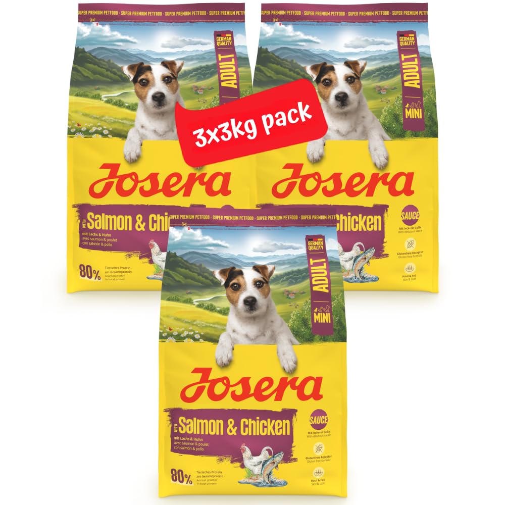 Josera Mini Adult Salmon & Chicken complete dog food | For fussy small breeds | Feed dry or wet for delicious gravy | Gluten free | Skin & coat | 3x3kg