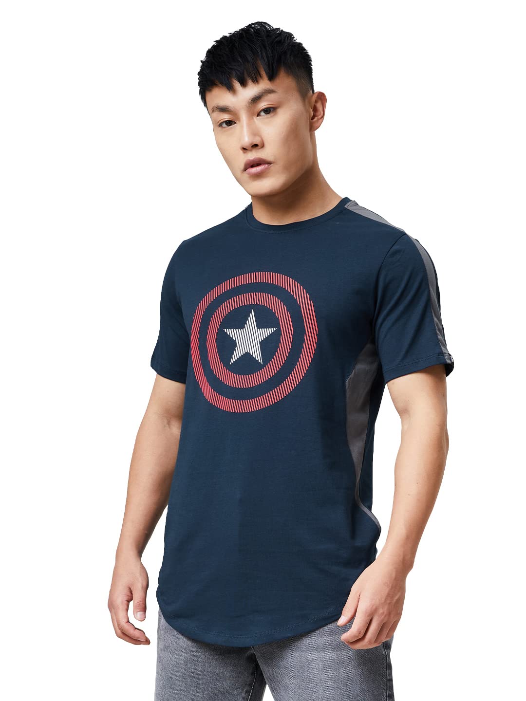 The Souled Store Men Official Captain America: The Shield Multicolored Printed Drop Cut T-Shirts