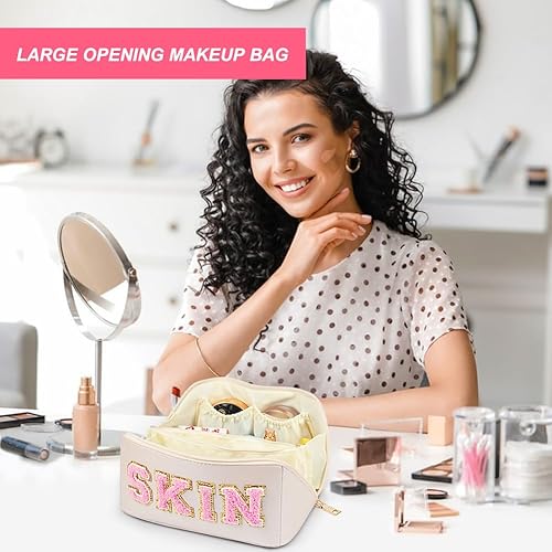 Miniatura 6 de besharppin Bolsa de cosméticos de viaje de gran capacidad, bolsa de maquillaje plana abierta de cuero sintético para mujer, bolsa de aseo con letras