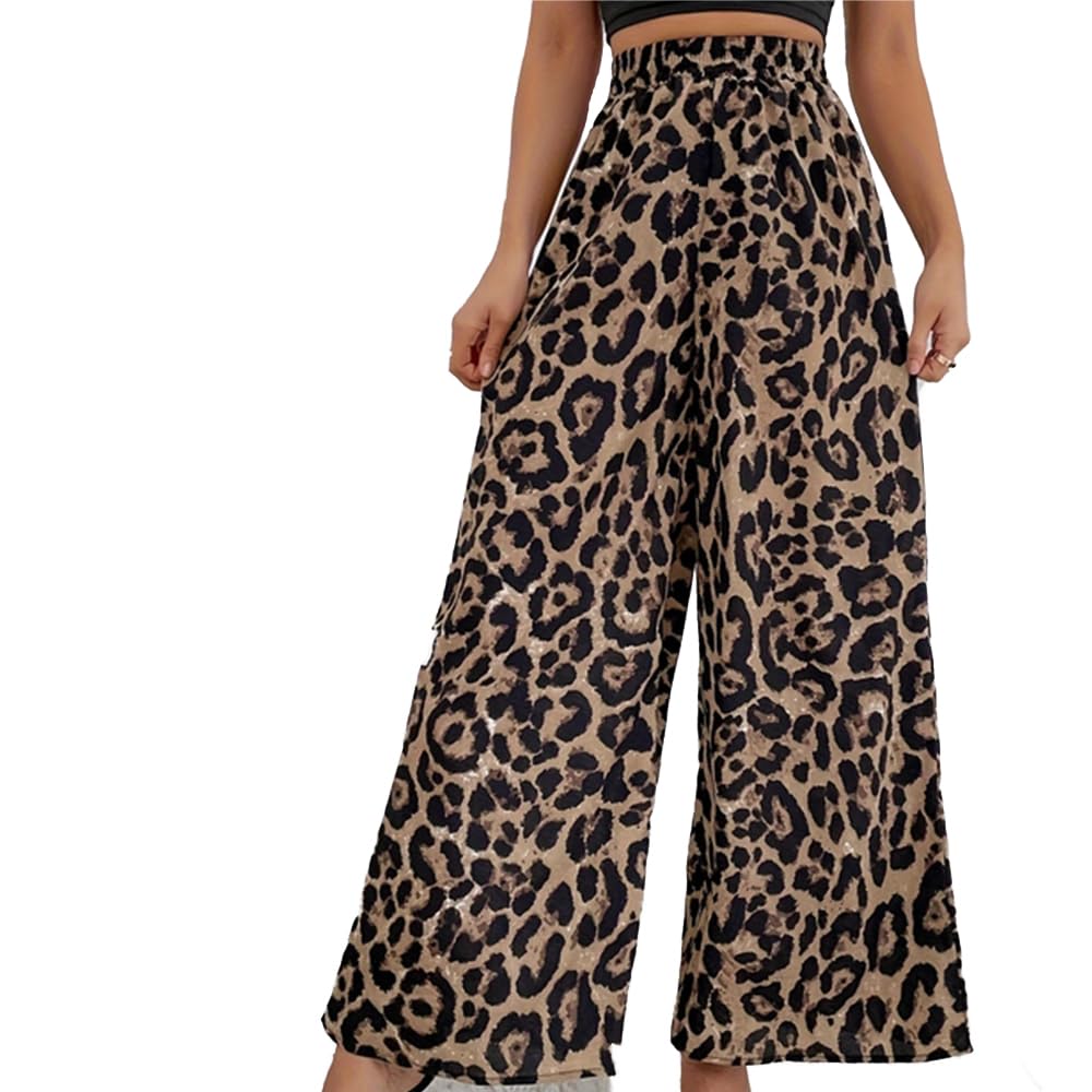 Womens Fashion Classic Leopard Print Wide Leg Pants with Elastic Waist Comfortable Casual Long Length Style
