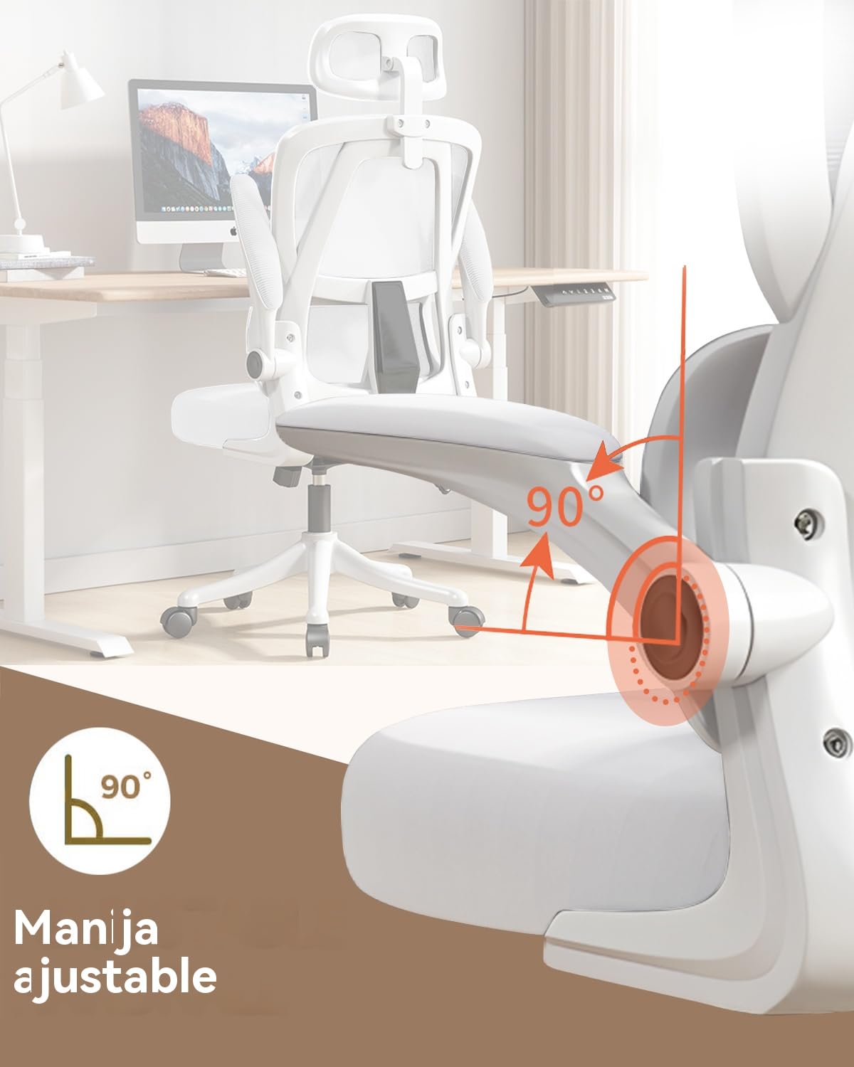 Silla de Oficio con Malla,Silla de Juego Ergonómica de Respaldo Alto con Ruedas y Reposacabezas Ajustable,Brazos Abatibles Cómodos para Hogar,Dormitorio,Estudio(Blanco)