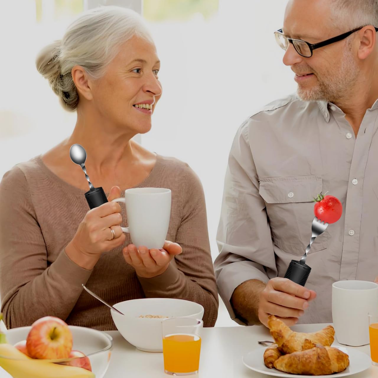ULTECHNOVO Utensilios Adaptativos Para Ancianos 4 Piezas Cubiertos Flexibles Para Adultos Con Mango Texturizado Antideslizante Tenedor Cuchillo Cuchara Grande Y Cuchara Pequeña Para