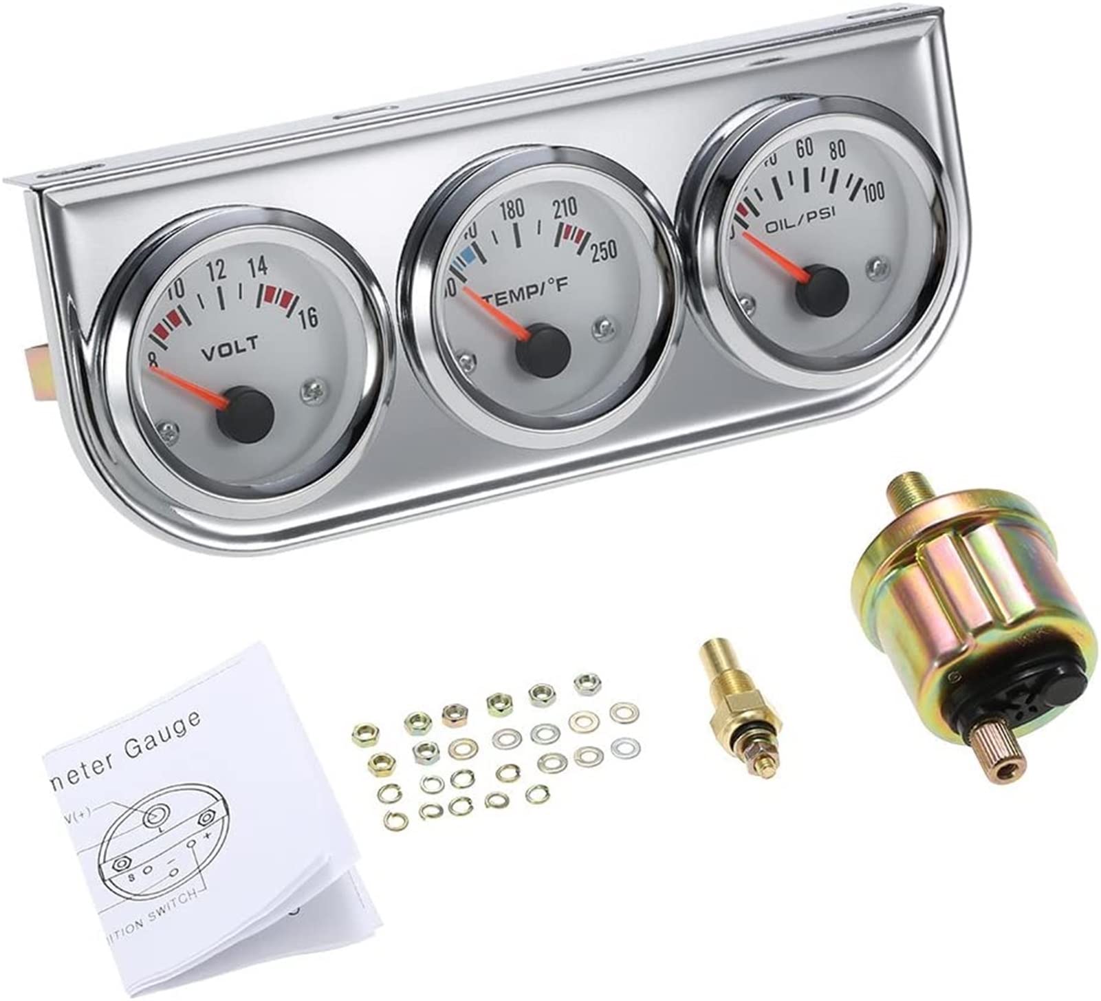 Ciśnienie oleju Fahrenheita Woda 52MM Oil Pressure Fahrenheit Water Temperature Gauge Voltmeter Chrome 3 In 1 Gauge Kit Car Motorcycle Meter