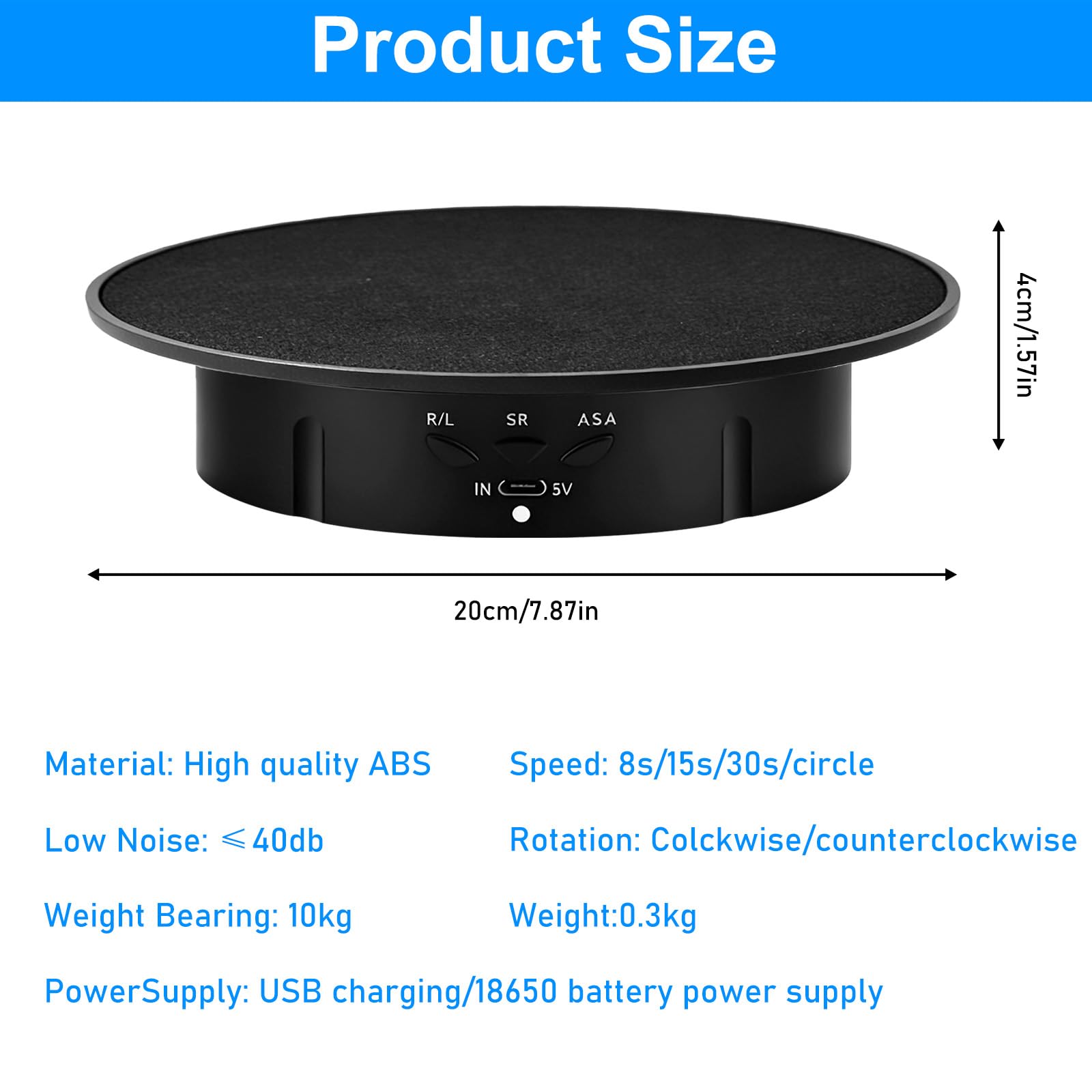 Piatto girevole elettrico per fotografia, 90/180 gradi, supporto girevole motorizzato con 5 sfondi, piatto girevole da 20 cm, supporto da tavolo 8 kg per video dal vivo, digitale, orologi (nero)