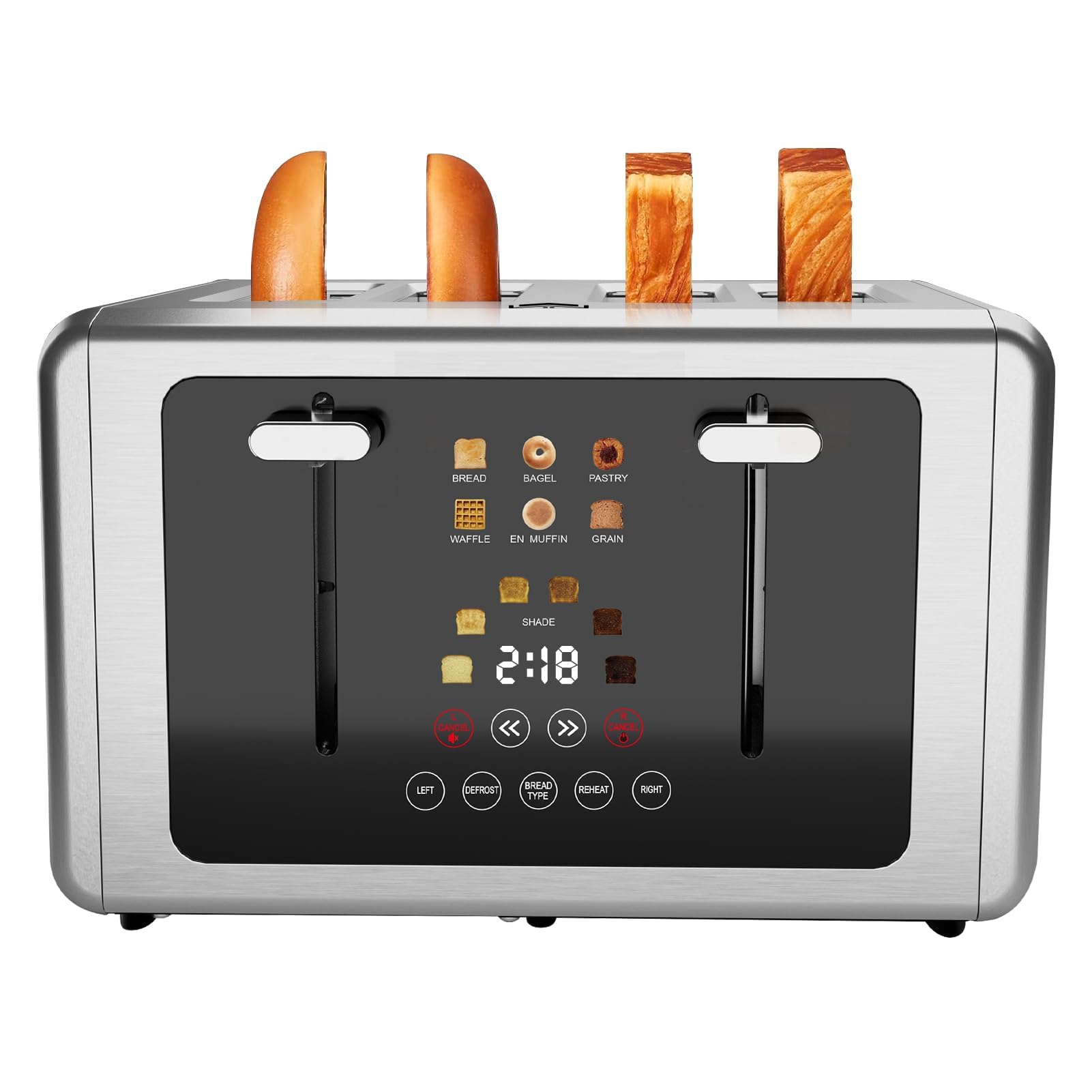 whall 4 slice Toaster with Smart Touch Screen,Digital Timer Stainless Steel Toasters,6 Shade Settings＆6 Bread Types, Wide-Slots,Bagel,Cancel,Defrost,Reheat,Silver