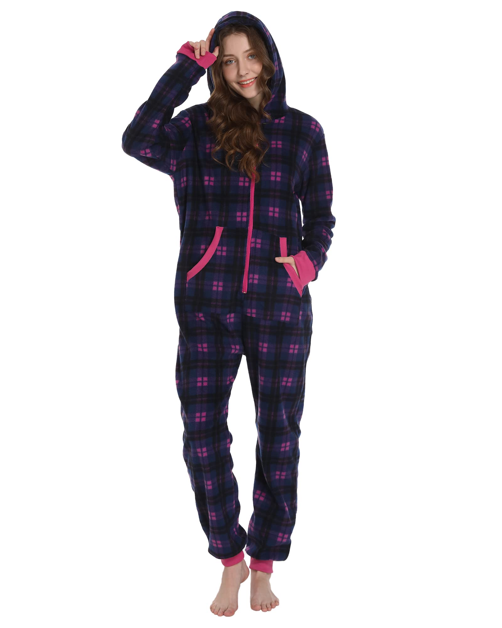 FocupajaUnisex Check Onesie Christmas Zip Up Matching Onesie Hooded Pajamas One Piece Non-Footed Jumpsuit Adult Teenager