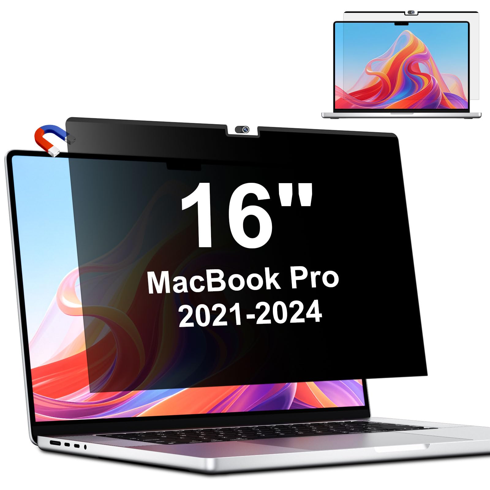 Magnetischer Blickschutzfilter für MacBook Pro 16 Zoll (2021-2024, M1/M2/M3/M4/Pro/ Max), Abnehmbarer Anti Glare Blaulicht 16" Mac Sichtschutzfolie mit Webcam Abdeckung,Privacy Screen Blickschutzfolie