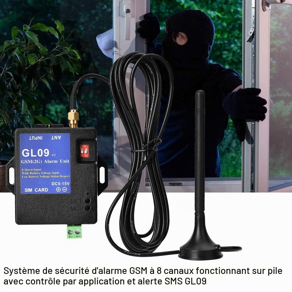 GL09 8 Canaux Système d'Alarme GSM 2G Alimenté par Batterie avec Contrôle par Application et SMS - Sécurité pour Maison et Entrepôt