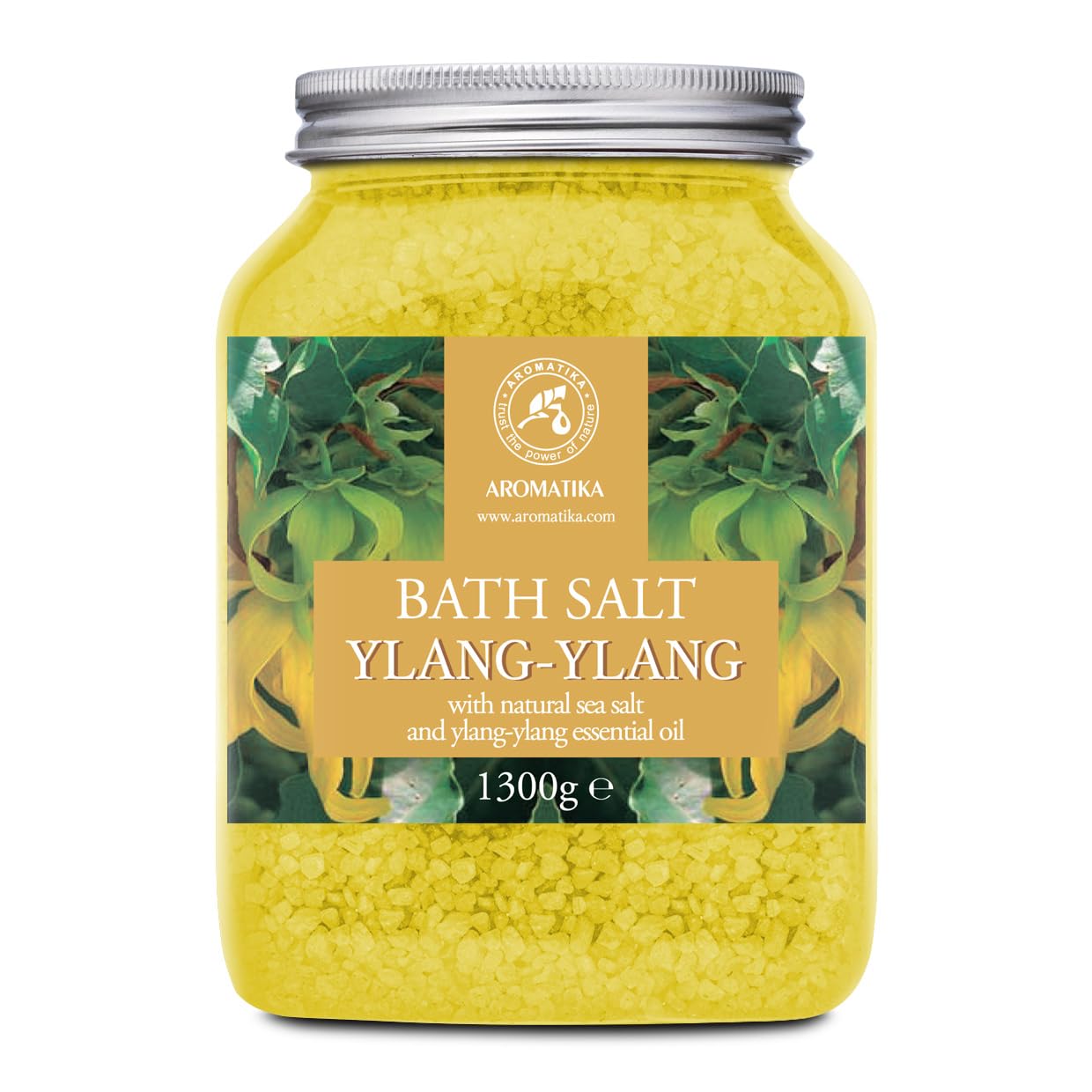 Sal de Baño con Aceite Esencial Ylang Ylang - 1300g - Espuma de Baño - Baños de Burbujas - Cuidado del Cuerpo - Buen Sueño - Bienestar - Relajación - Aromaterapia - Aroma Ylang