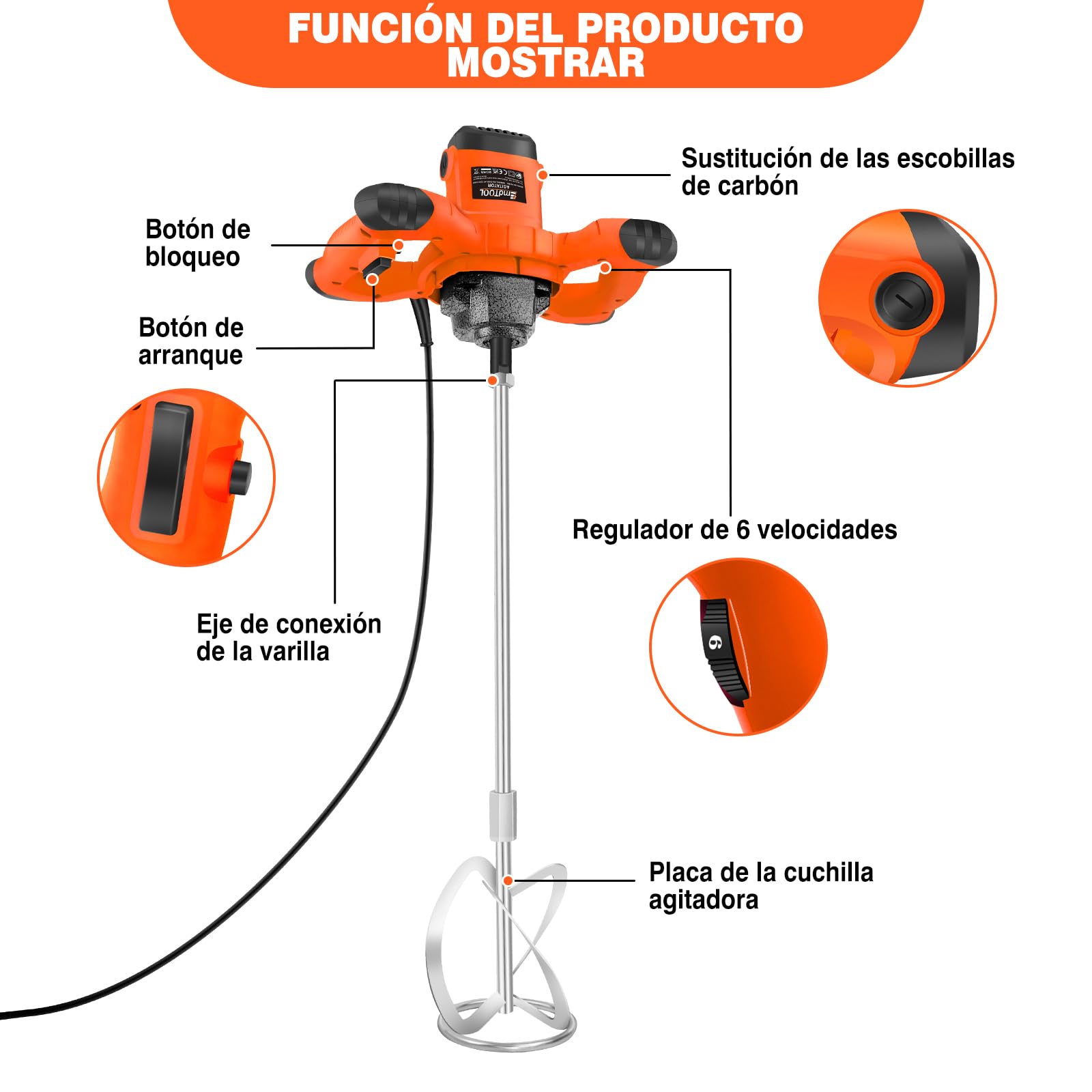 2600W Mezclador de Mortero,Mezclador Industrial, hormigoneras electricas, Agitador M14 Tornillo de Cromo, 6-Velocidad Variable Mezclador Eléctrico, Utilizado para Mezclar Pintura, Cemento, Naranja