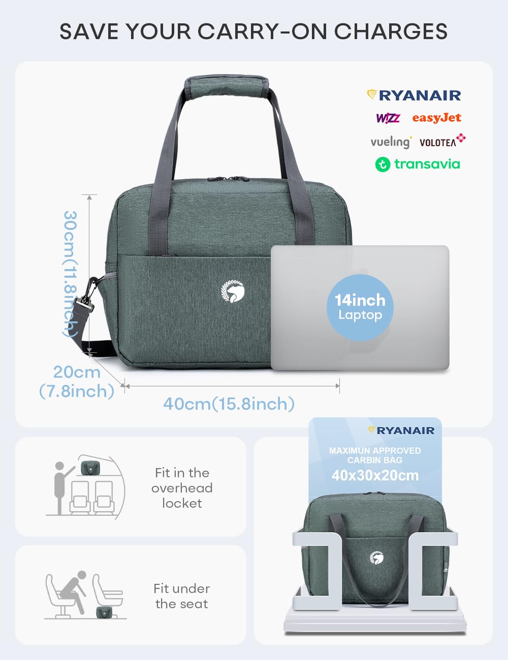 BAGZY Bagaglio a Mano 40x30x20 Wizzair, Impermeabile Borsa Cabina da Viaggio Aereo Pieghevole, Piccola a Mano per Parto Ospedale da Ginnastica, 25L Grigio Nylon