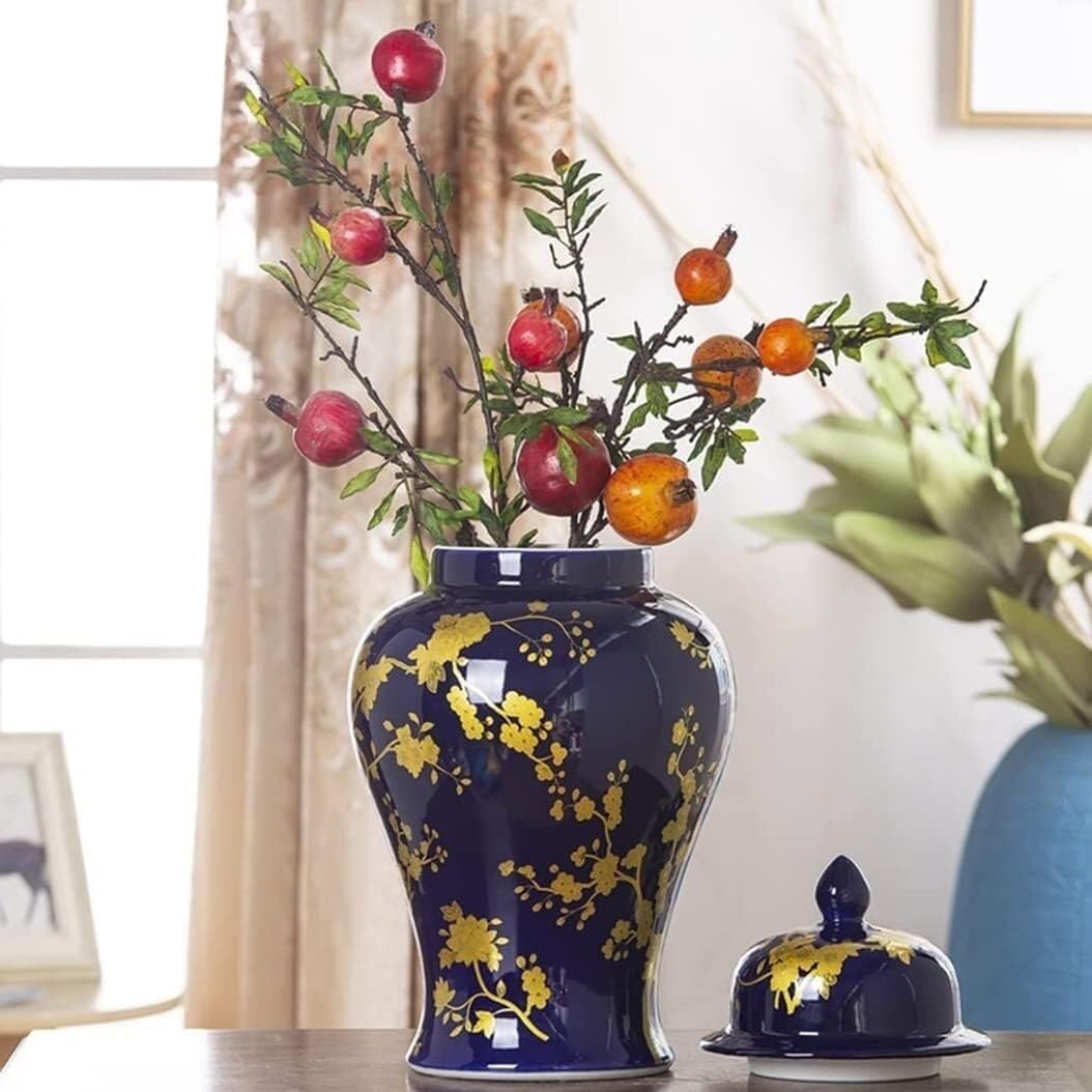 Food Storage Jar,Decorative Jar Ginger Jar Vase Decor Ceramic Blue Ginger Jar with Gold Pattern, Exquisite Beautiful Decorative Porcelain Jars Temple Jar with Lids Ginger J,A-13 * 37Cm