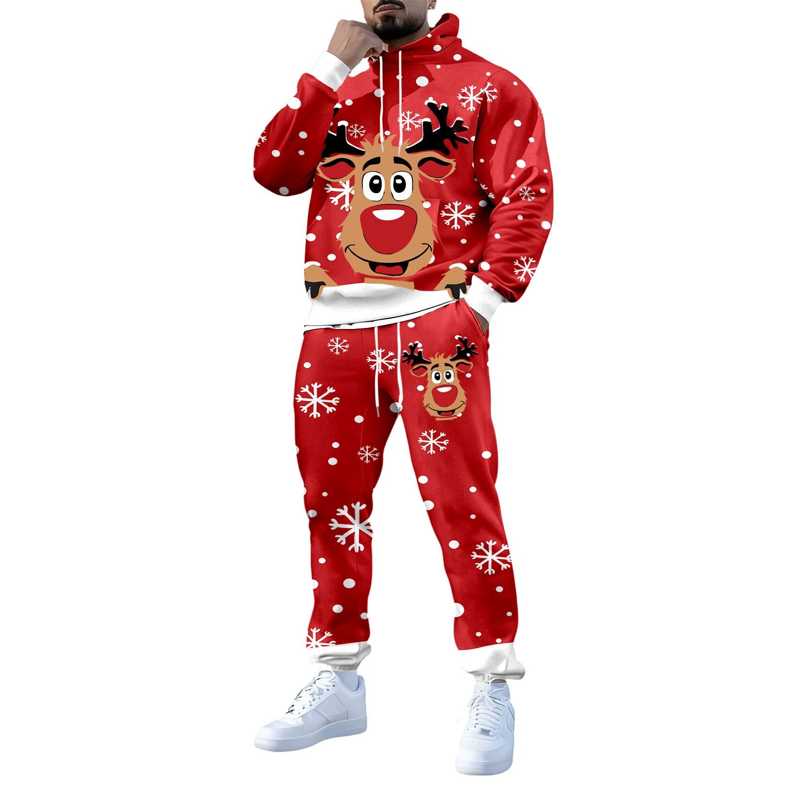 Generisch Świąteczny dres męski do joggingu, na Boże Narodzenie, zestaw 2-częściowy, funky Reindeer, nadruk 3D, strój bożonarodzeniowy z polarowymi bluzami z kapturem + spodnie do biegania