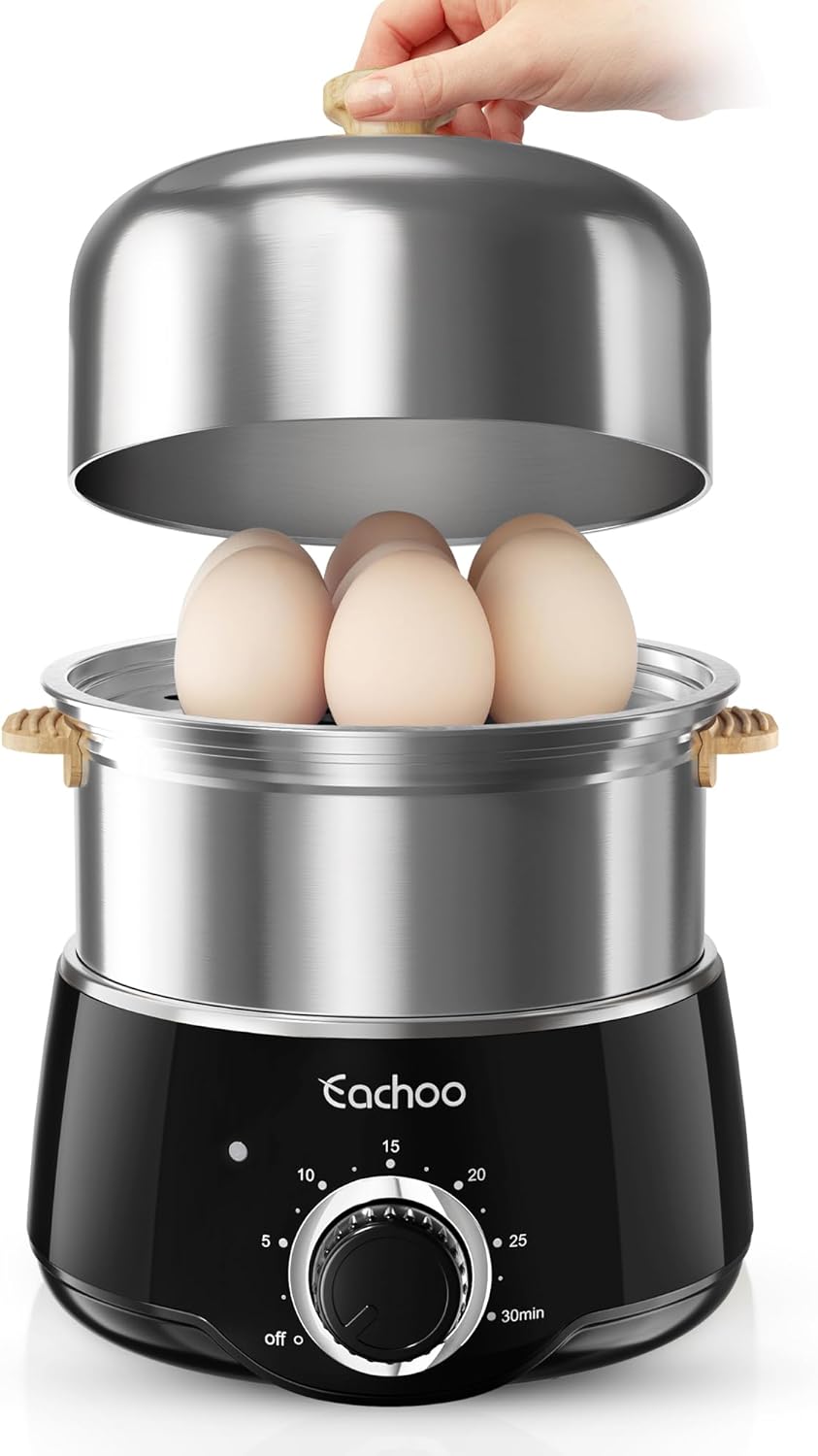Hard Boiled Egg Cooker - CACHOO 14-Egg Rapid Stainless Steel Egg Boiler with 30-Min Timer & Auto Shut Off, Compact Electric Vegetable Steamer for Cooking, Dishwasher Safe, Black Black 2-Tier