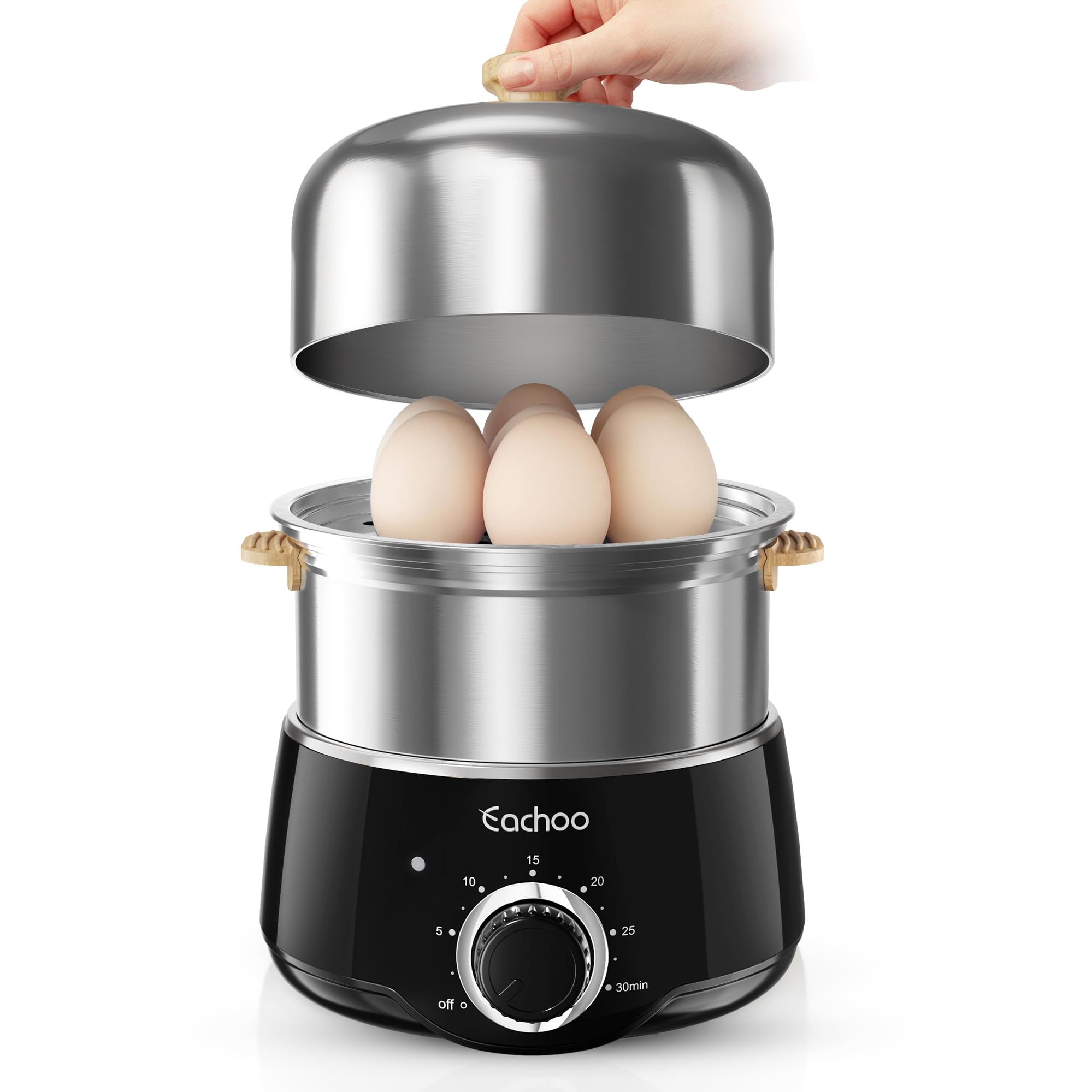 Hard Boiled Egg Cooker - CACHOO 14-Egg Rapid Stainless Steel Egg Boiler with 30-Min Timer & Auto Shut Off, Compact Electric Vegetable Steamer for Cooking, Dishwasher Safe, Black
