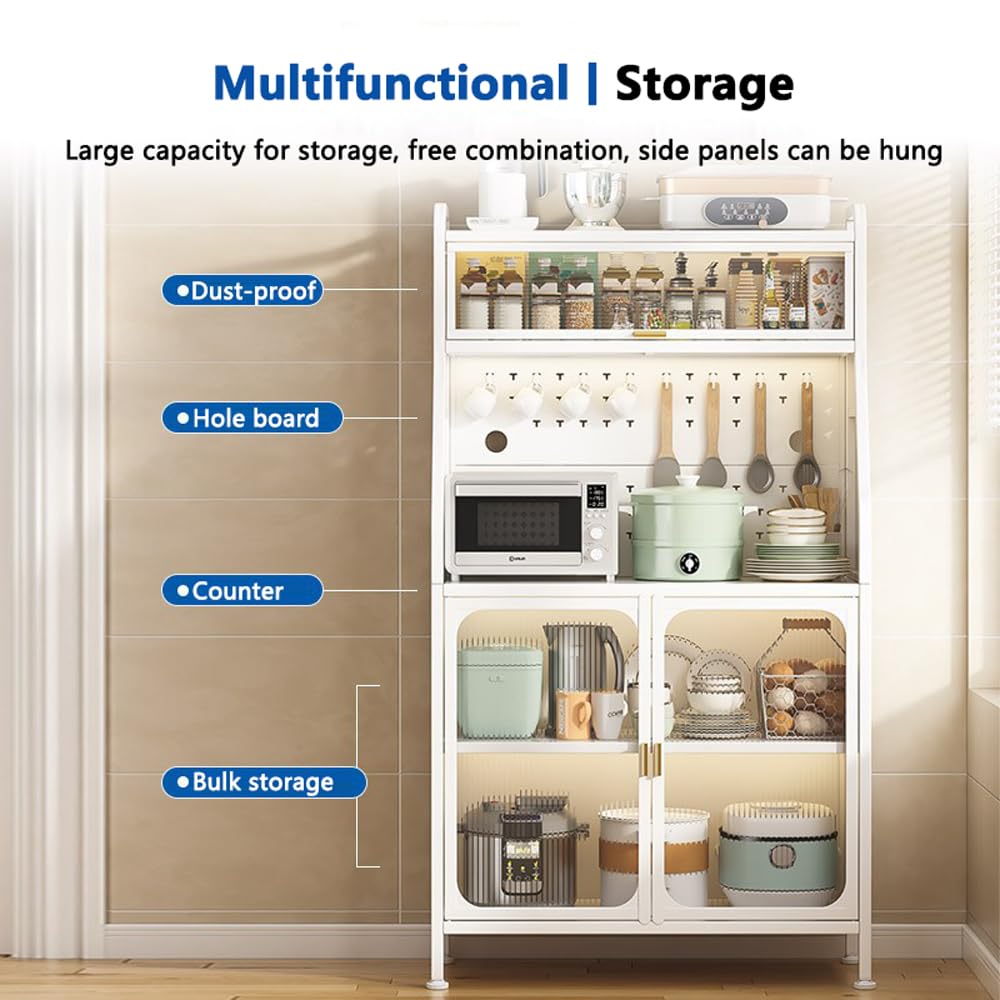 Küchenschrank 66cm, Buffetschrank, Mutfak Dolabı, 5-stufiges Vorratsschrank, Mikrowellenschrank Hochschrank Küche mit Verstellbaren Ablagen mit Türen Weiß (66x36x162cm)