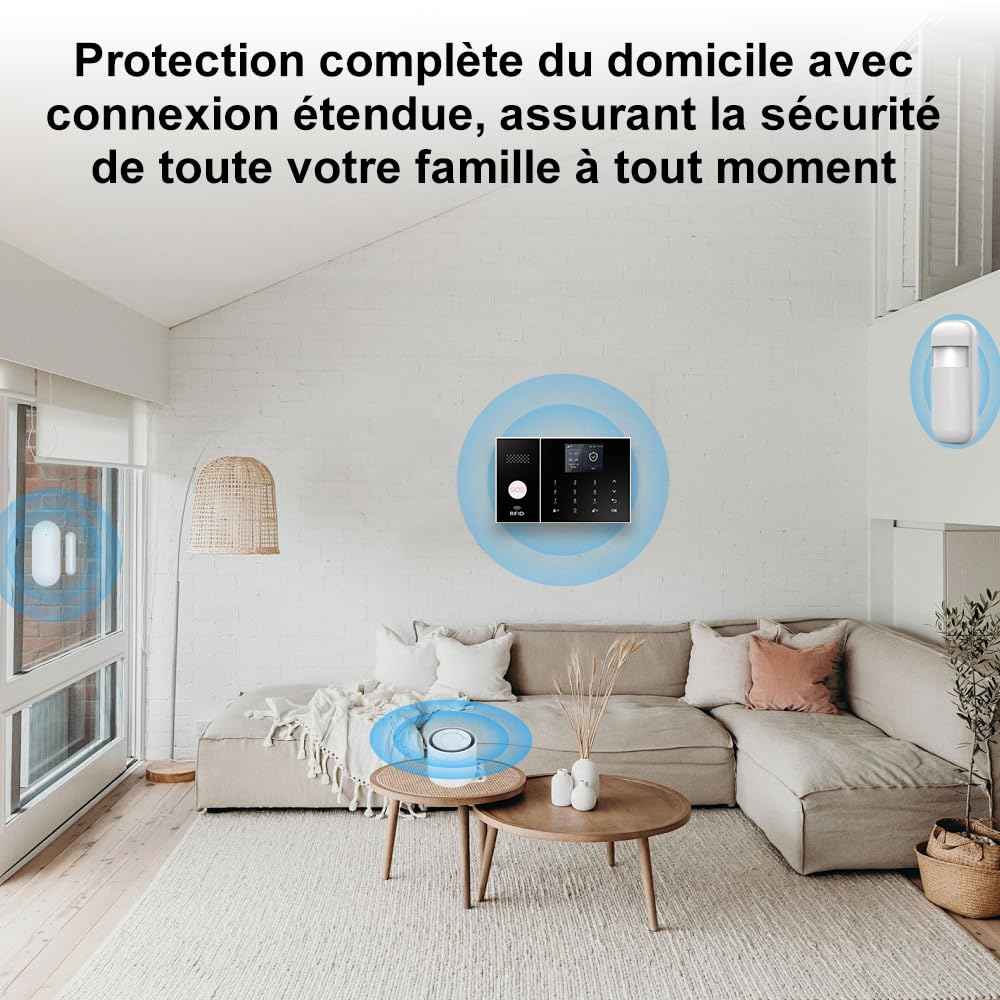 Alarme maison sans abonnement sans fil WiFi + 4G pour maison et appartement, kit alarme connectée Smart Life, alertes par appel & SMS, compatible Alexa & Google Assistant (Lot de 12 articles)