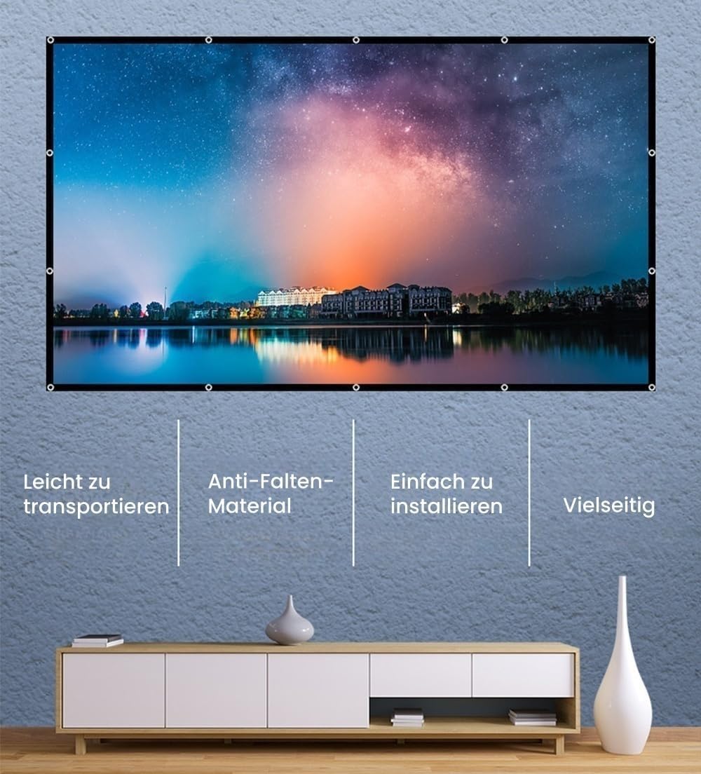 Leinwand Beamer 100 Zoll, 16:9 HD Projektionsleinwand 220 × 124 cm, faltbar & knitterarm, tragbare Beamer Leinwand für Heimkino, Garten, Camping und Büro