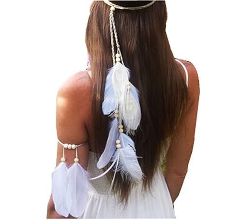 Suoirblss Juego de 2 diademas blancas con borlas de plumas bohemias con brazalete, gitana, hippie, pavo real, tocado, accesorios favoritos para el