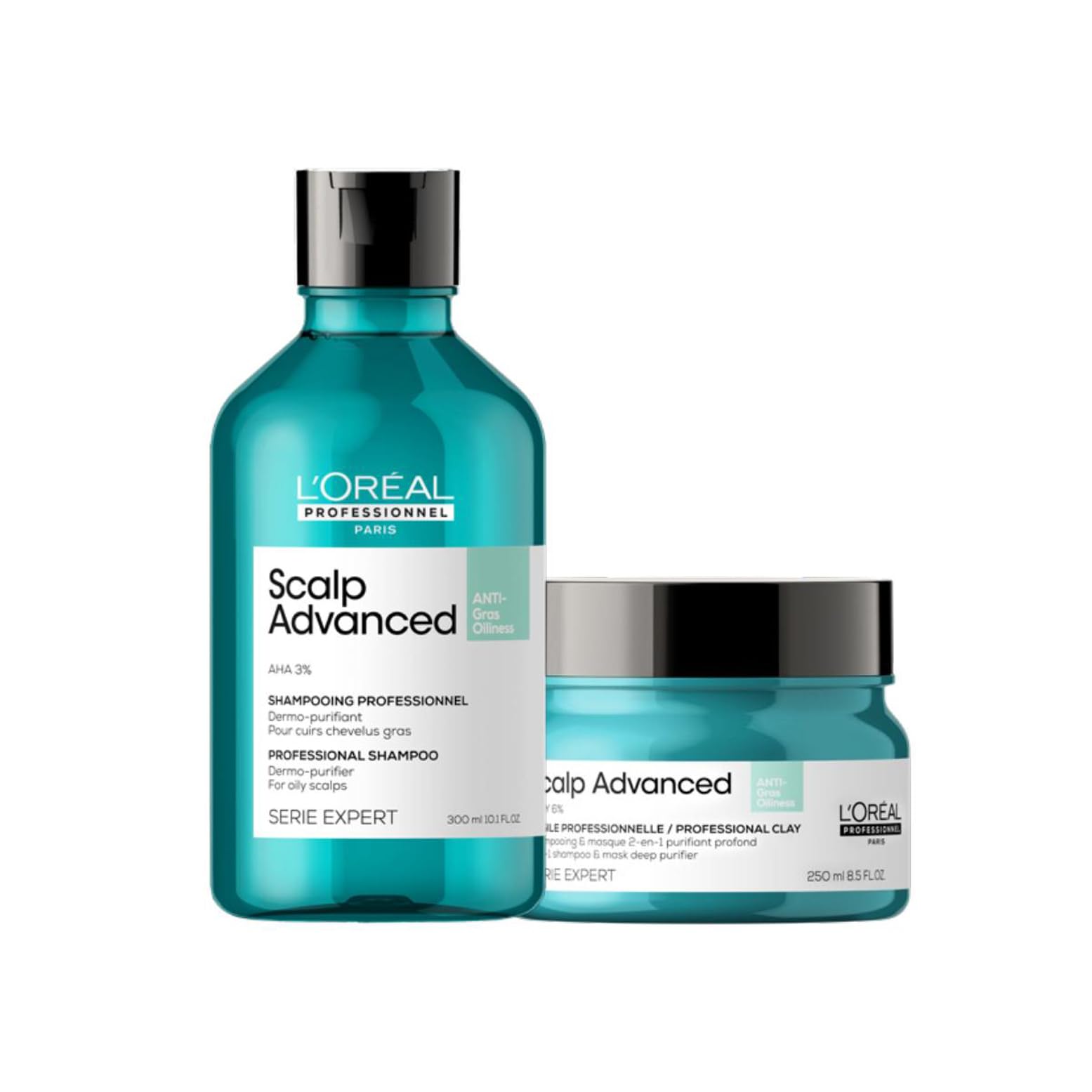 L’Oréal Professionnel, Rutina Anti grasa de Scalp Advanced, Con champú anti grasa y arcilla 2 en 1, Enriquecidos con activos dermatológicos para cuero cabelludo graso, SERIE EXPERT, 300 ml+250 ml