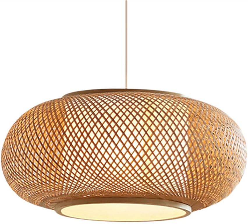 15.7" Bamboo Pendant Light Fixture - Industrial Ceiling Chandelier with Wooden Canopy - Hand-Woven Rattan Hanging Lamp for Kitchen Island, Dining Room, Living Room, Porch
