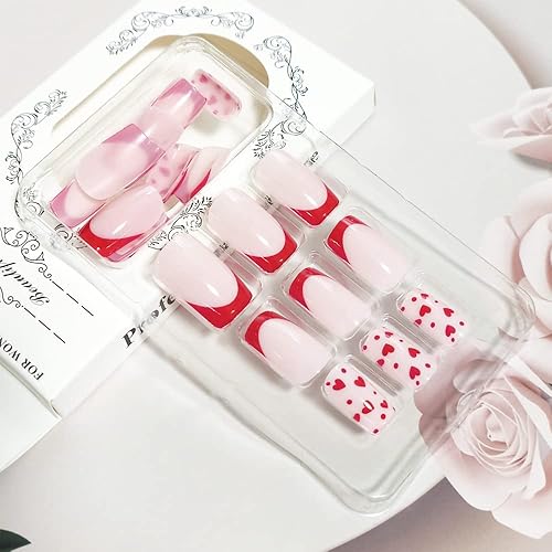 Uñas postizas rojas para el día de San Valentín uñas postizas cuadradas medianas con diseño de corazón rojo con uñas acrílicas de cobertura completa
