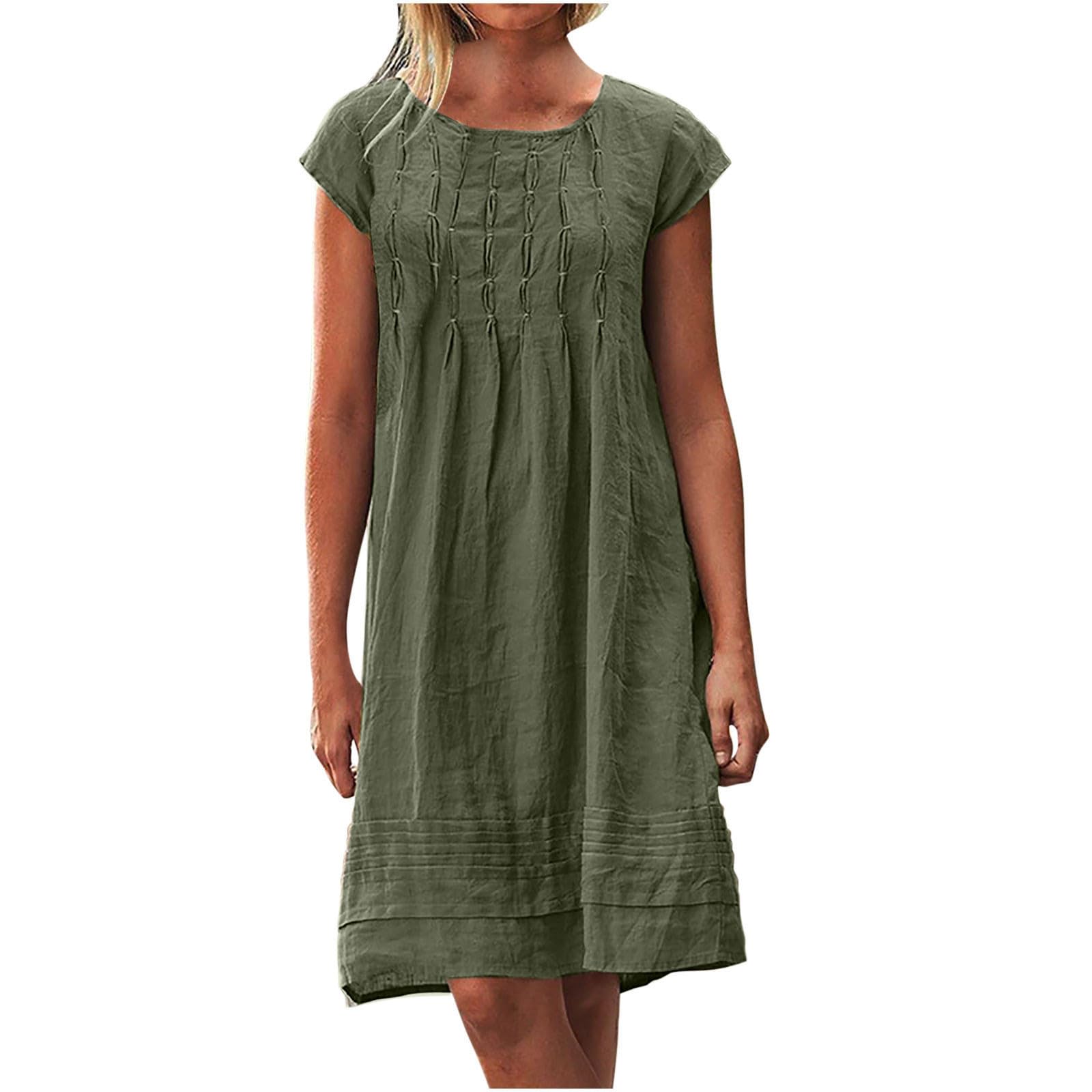 Cotton Dresses Linen Beachwear Summer Shirred Dress Empire Line Wear Muslin Co Ord Smocked Clothing Going Out Coverups Tunic Coords Loose Outfits Curvy Cover Up Ladies Army Green 2 5XL