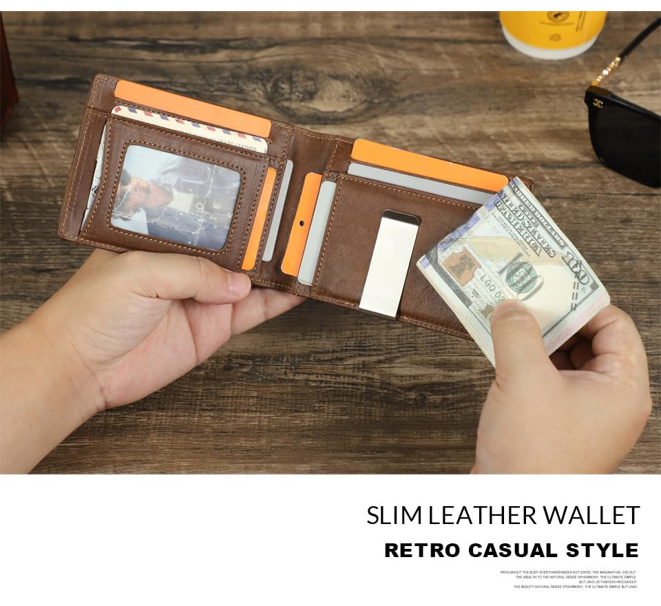 Retro Mens Genuine Leather Wallet RFID Blocking Ultra Thin Money Clip Design Personalized Gift (Coffee)4