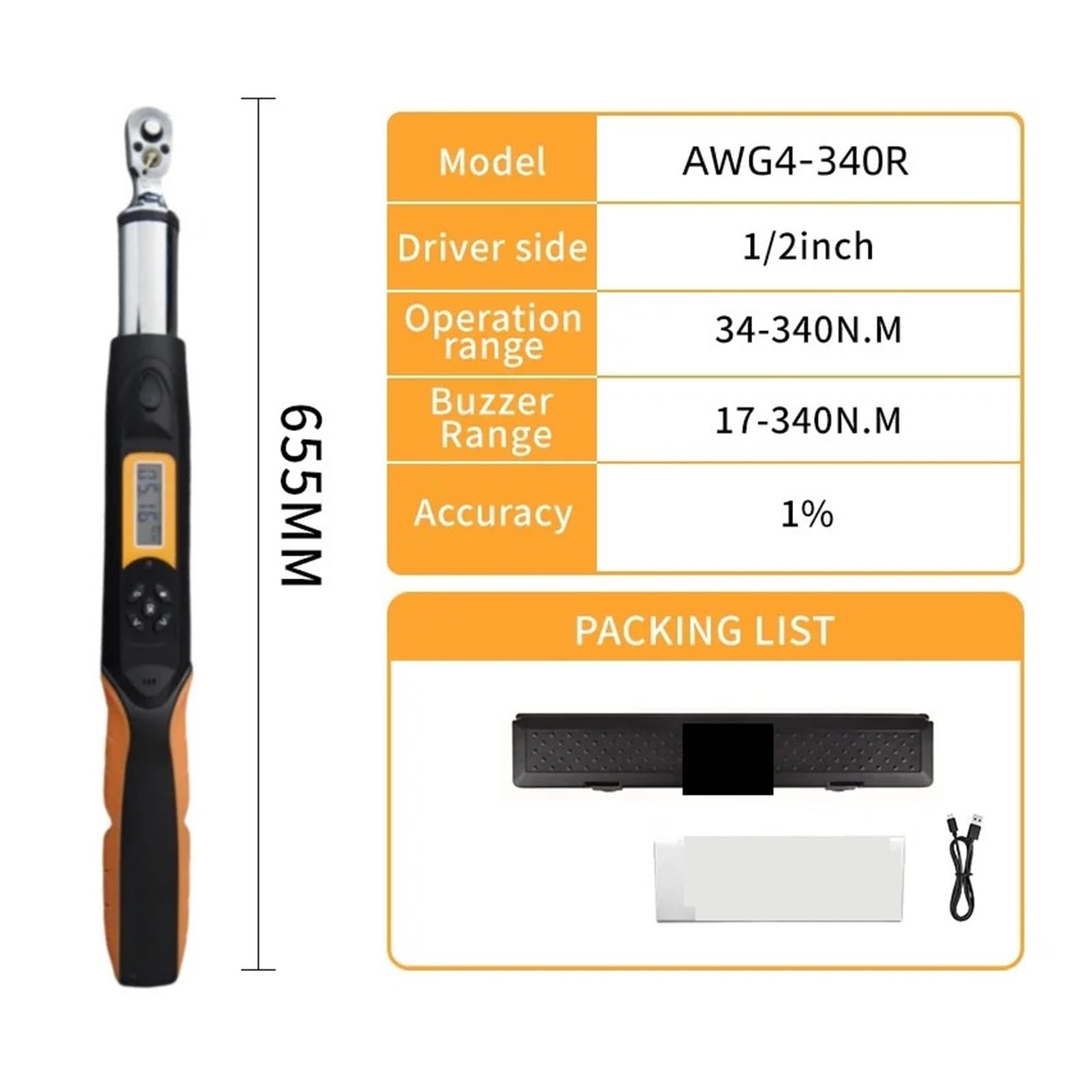 Chiave Dinamometrica, Chiave dinamometrica digitale 340N.m 1/2 AWG4-340R Testa a cricchetto bidirezionale 36 denti Alta precisione 2%,per Automobile, Motocicletta, Bicicl