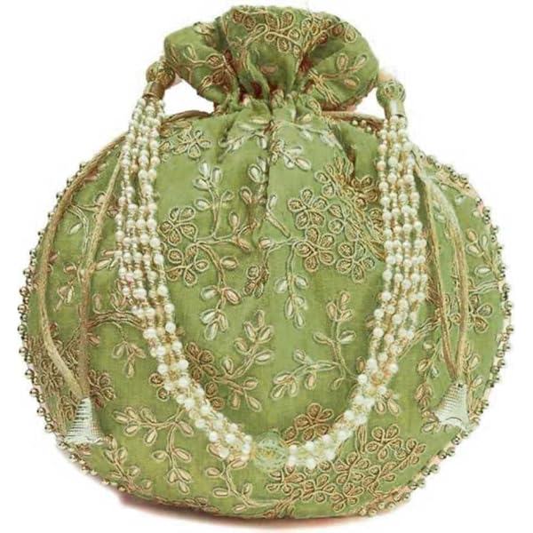 RDK SON'S Rajasthani Embroidery Women Potli Bag with Pearl Beaded Handle For Wedding, Gifting, Party Function