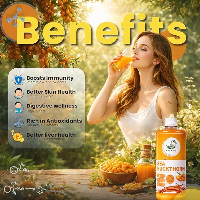 Image of Sea Buckthorn Juice 1L | Buckthorn Berry Herbal Juice with Natural Vitamin C, Omega 3 6 7 9 & Antioxidants | Herbal Support for Immunity, Skin Glow & Gut Health, Ayurvedic Healthy Drink