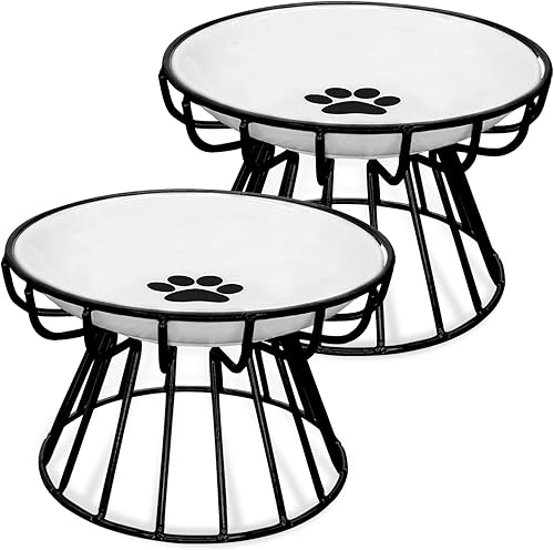 BNOSDM 2 cuencos elevados de comida para gatos, platos de cerámica poco profundos para gatos con soportes de metal, comedero elevado para mascotas,
