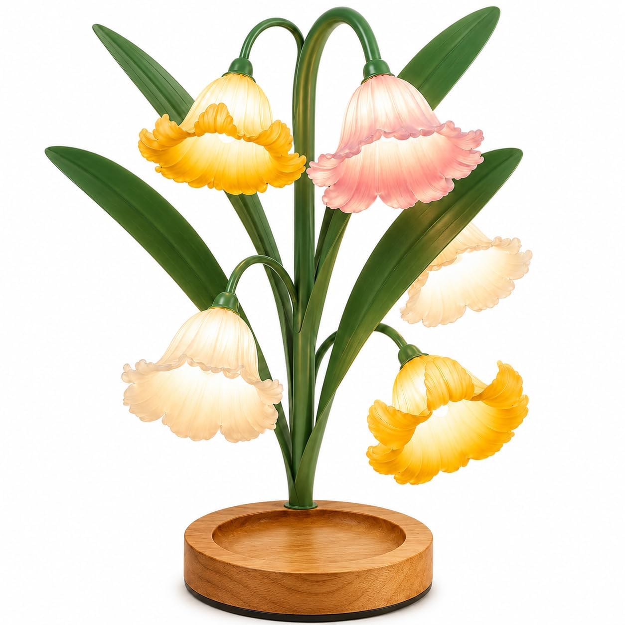 Flower Table Lamp,Colorful Bedside Vintage Flower Night Light,5 Lily of The Valley Night Light with Wood Base,USB Powered Bedside Lamp Decor for Living Room Office Bedroom,Gifts for Women Teacher