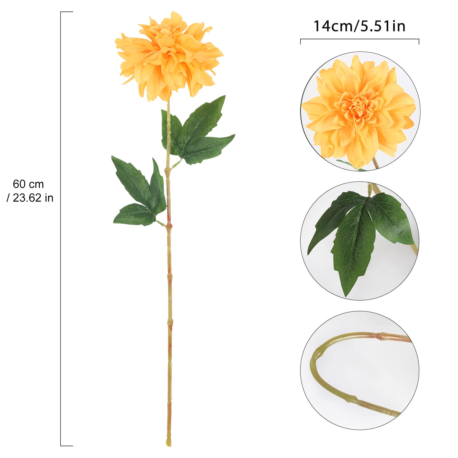 Lot de 6 dahlias artificiels jaunes de 60 cm avec tiges pour fête de mariage, centres de table, arrangements et bouquets (jaune)