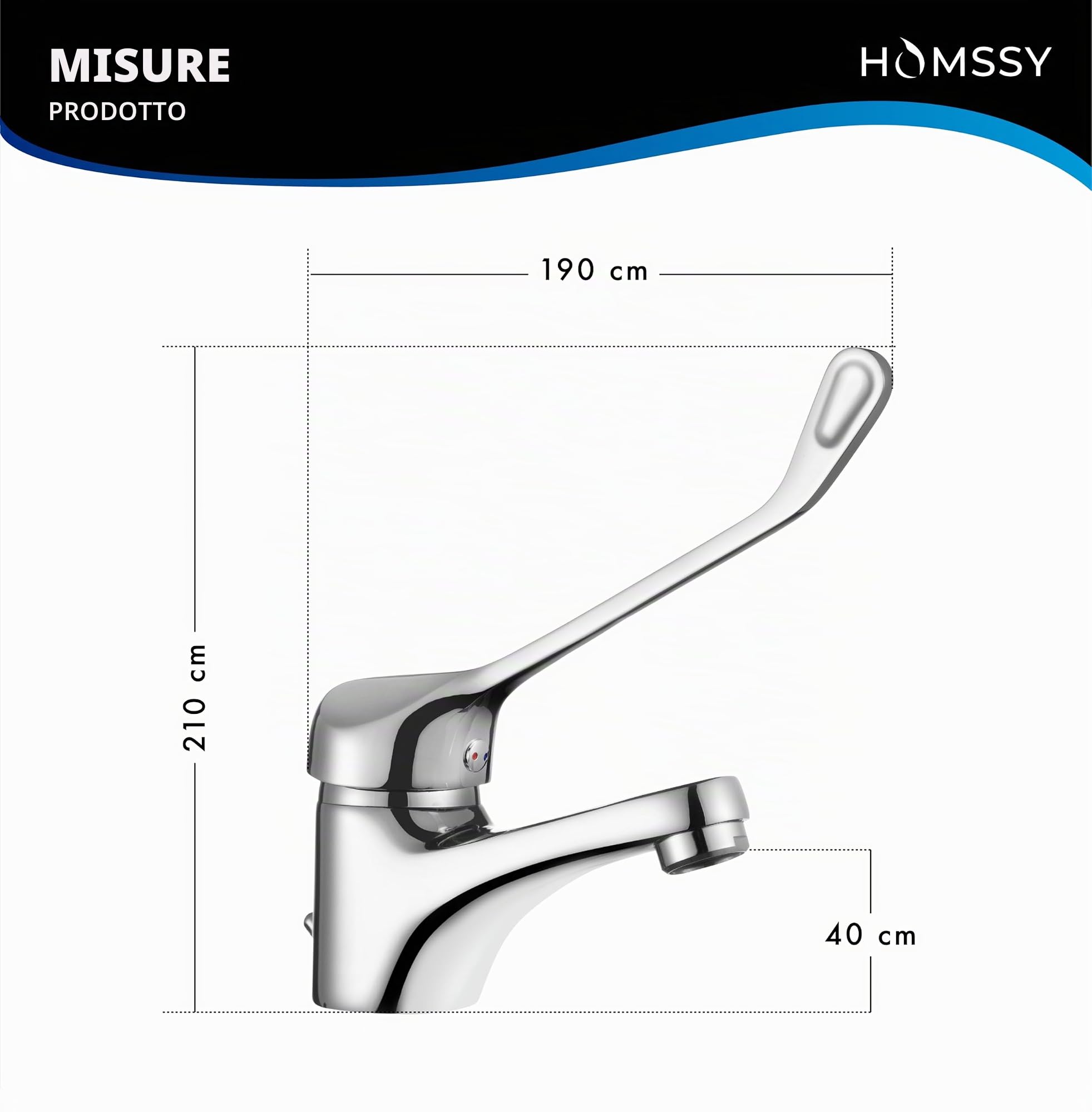 Rubinetto gerontologico medical per lavabo – miscelatore monocomando con leva clinica a gomito lunga, design ergonomico, cartuccia ceramica, ottone cromato