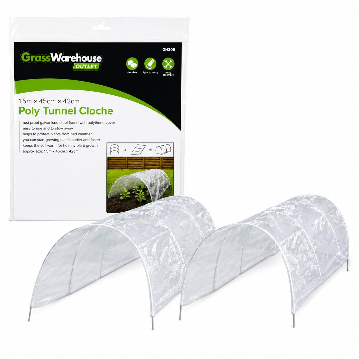 2 Pack Poly Tunnel Cloche Garden Grow Tunnel Mini Greenhouse Plant Cover 1.5m x 45cm x 42cm Galvanised Steel Frame Polyethylene Frost Protection for Vegetables Herbs Seedlings