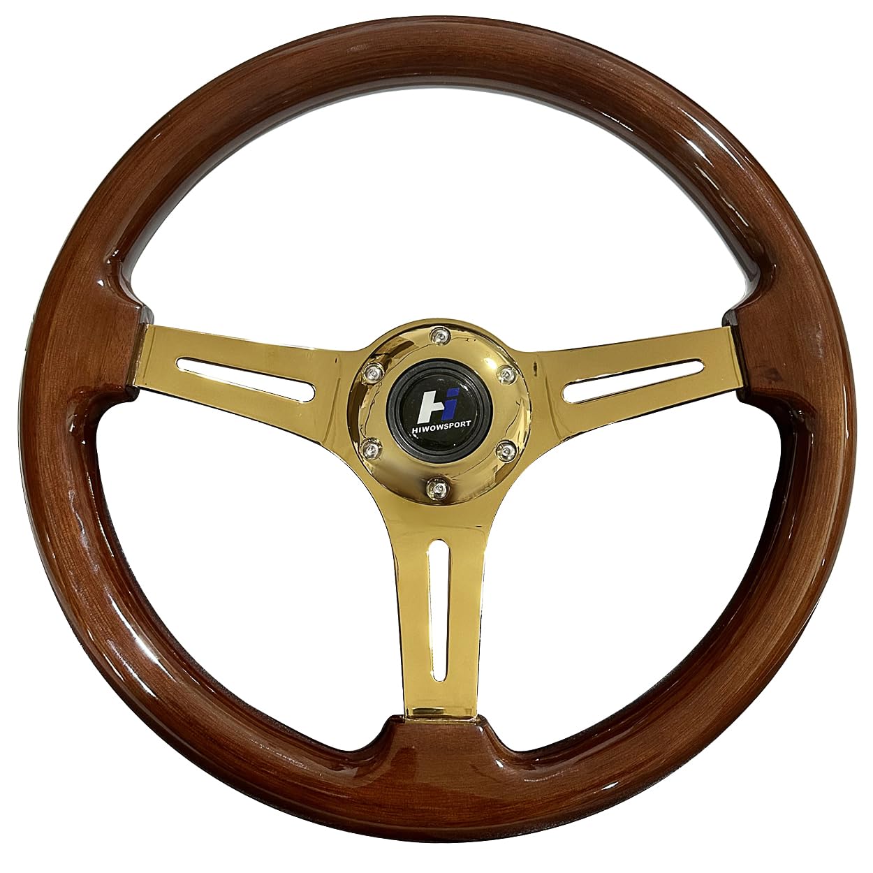 Volante universal Hiracing de 14 pulgadas con veta de madera clásica, cromado dorado, 3 radios, 1,5 pulgadas de profundidad, botón de bocina y 6 pernos.