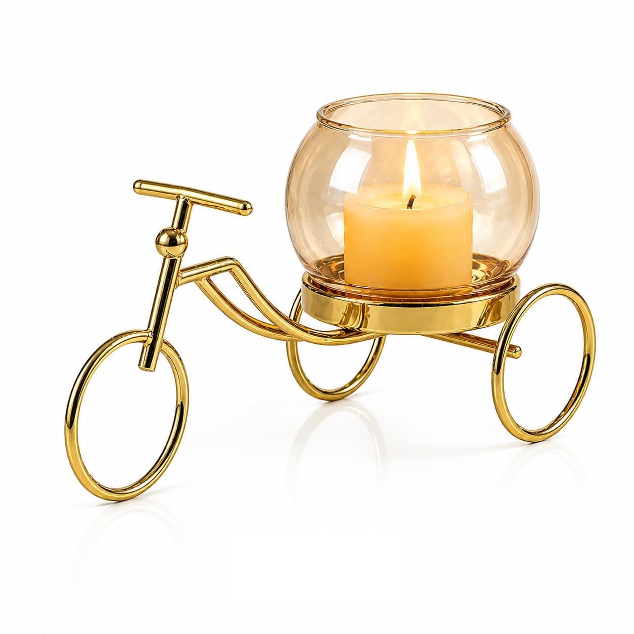 Decorative Metal Tricycle Candle Holder with Glass Bowl | Gold Tea Light Holder Stand, Vase for Home Decor, Decorative Plant Pot for Living Room, Aesthetic Home Decor Item & Return Gift-image-31