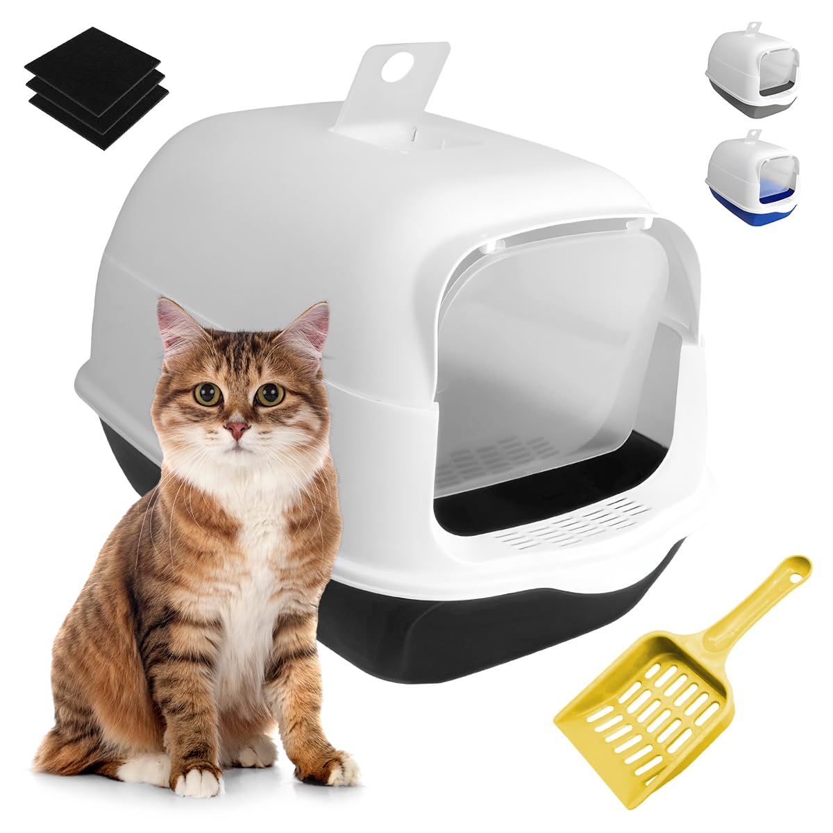 Raganet, Arenero/Inodoro para Gato Cerrado de 50cm X 35cm X 33cm, Caja de Arena para Gatos con Tapa y Puerta Abatible, Antiolores, Facil de Limpiar, Incluye Pala (Negro)