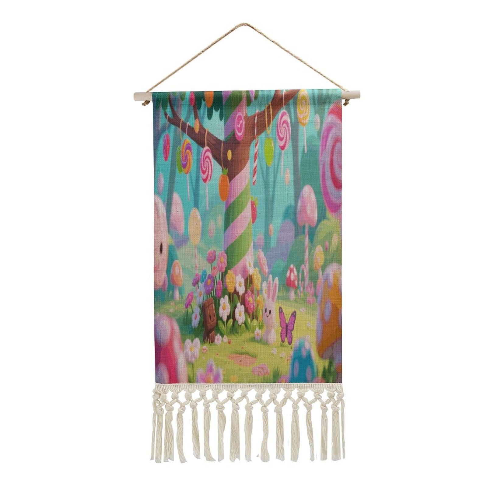 VstaDank Candy Wall Art Decor with Tassels 20"x10" Cotton Linen Hanging Tapestry Decor Wall Art Prints Wood Frame Boho Wall Art Poster for Bedroom Living Room Office