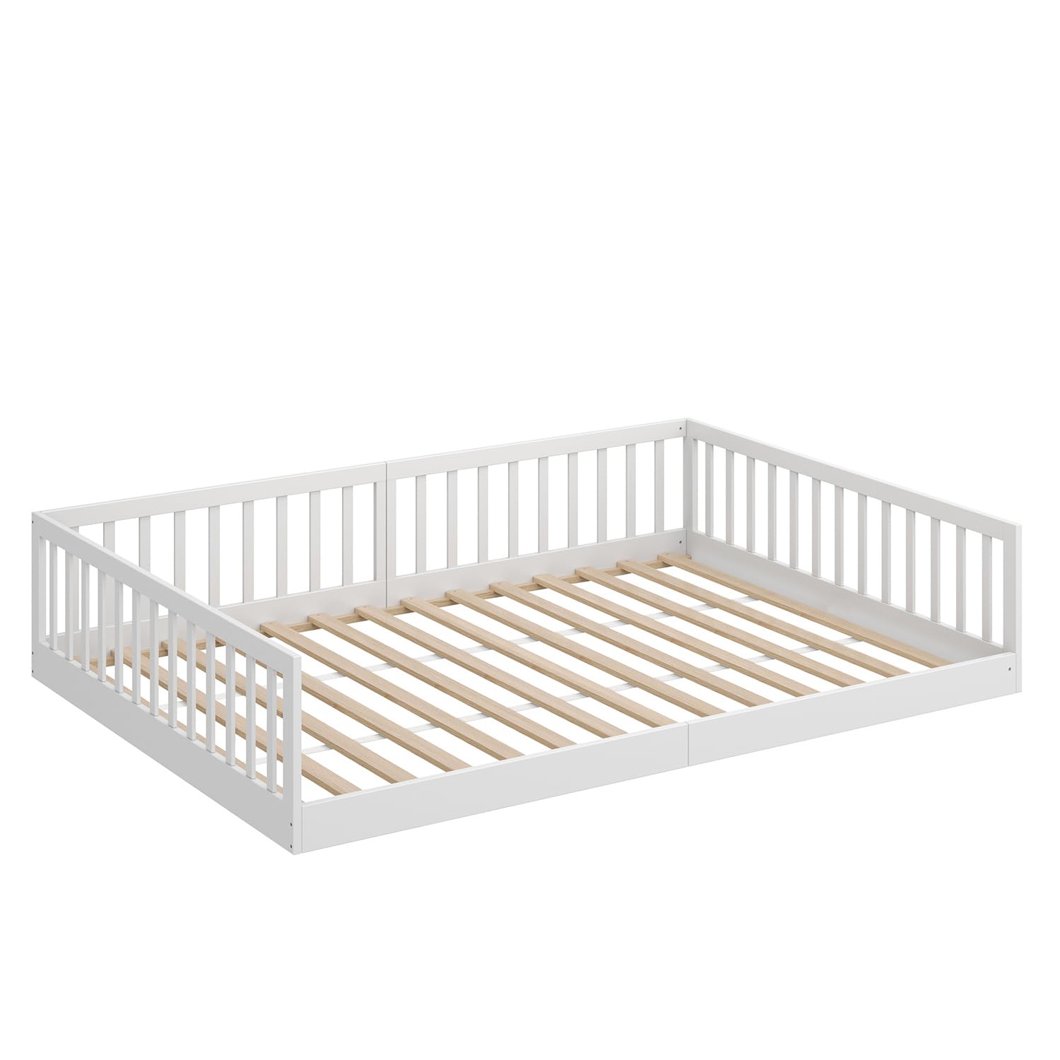 CADANI Timi Lit de Sol 120x200 cm Lit Enfant Montessori avec Barrière de Sécurité et Sommier à Lattes, Bois Massif Pin, Blanc, 3 Variantes de Construction
