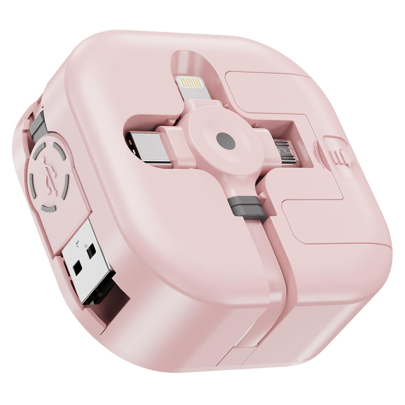 ASICEN 3イン1充電ケーブル 巻き取り ライトニングケーブル 4.5A [MFi認証取得] 急速充電 スマホスタンド付き Lightning/USB-C/マイクロUSB 格納式ケーブル iPhone 17 16 15 14 Pro Max,シャープAQUOS,グーグルなどの各機種に対応(ピンク,1.2m)