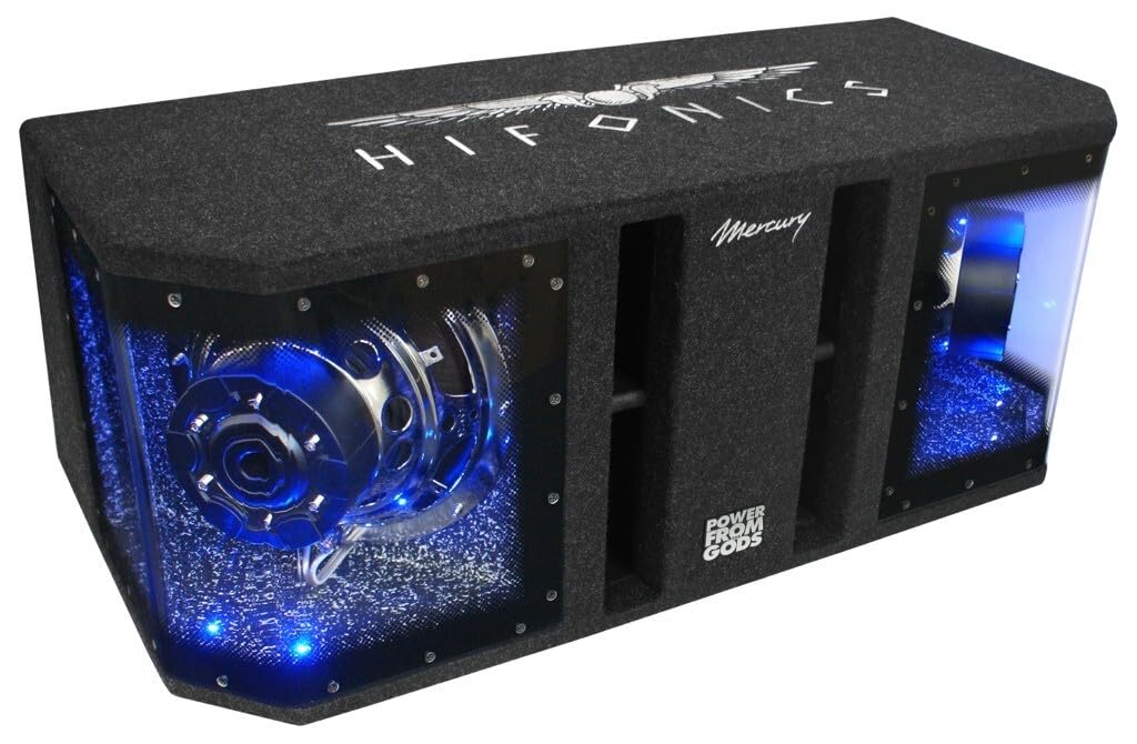 Hifonics MR10Dual Mercury Subwoofer mit 2X 25cm Bass im Bandpass Gehäuse mit Beleuchtung 1600Watt Teller