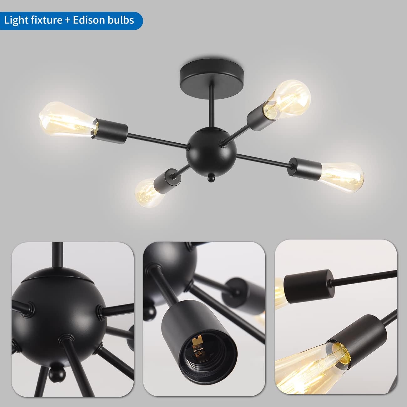 ANWIO Modern Sputnik Ceiling Light,Matte Black Ceiling Light Holder 4