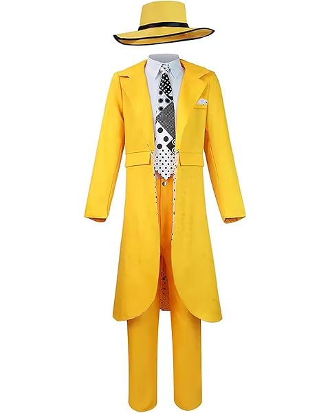 Mens Jim Carrey Cosplay Costume Jacket Pants Shirt Hat Tie Mask Yellow Suit for Hal...