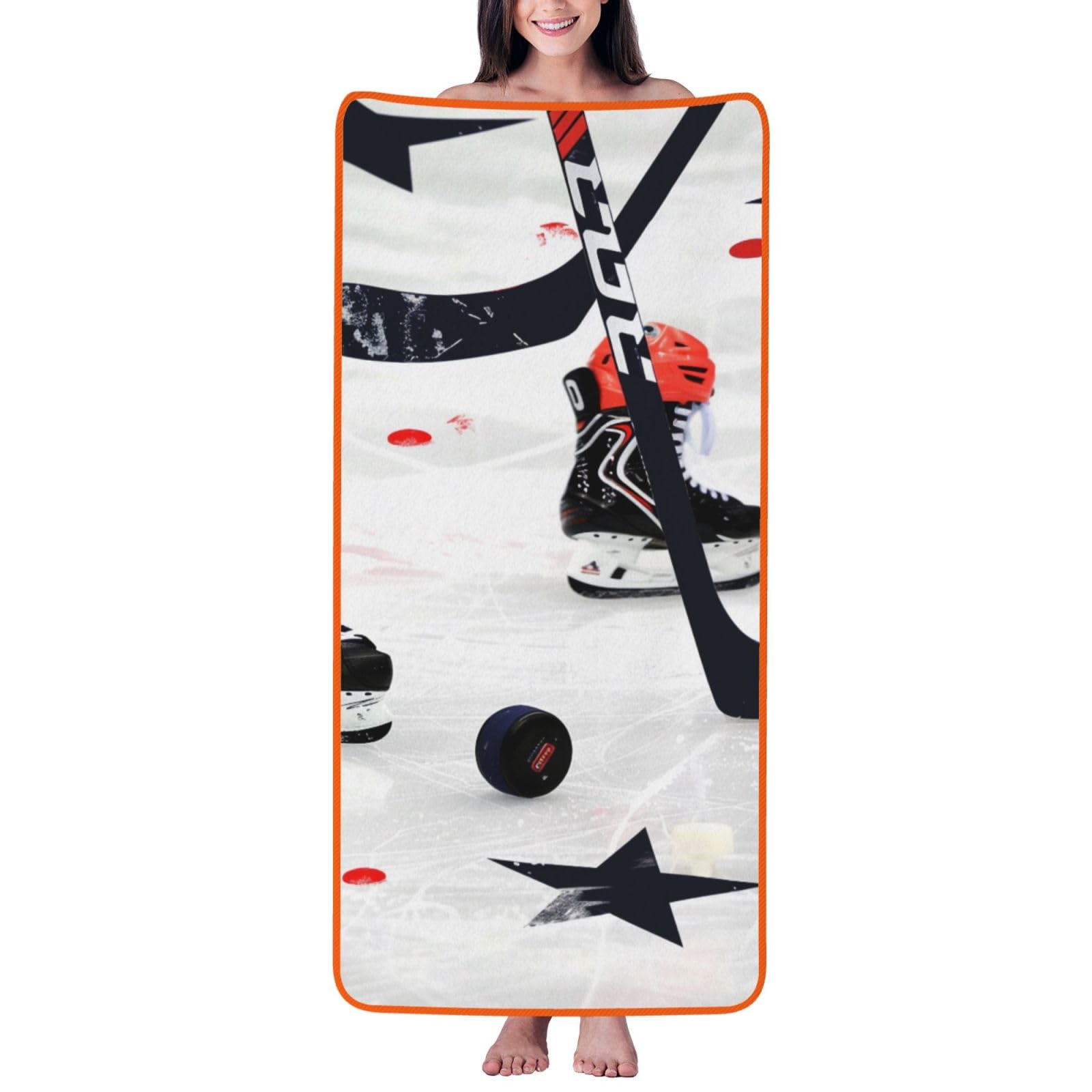WPKJU Ice Hockey Pattern Printed Bath Towel with Orange Edging - 27x55 in Soft Extra Absorbent Coral Velvet Shower Towels for Bathroom