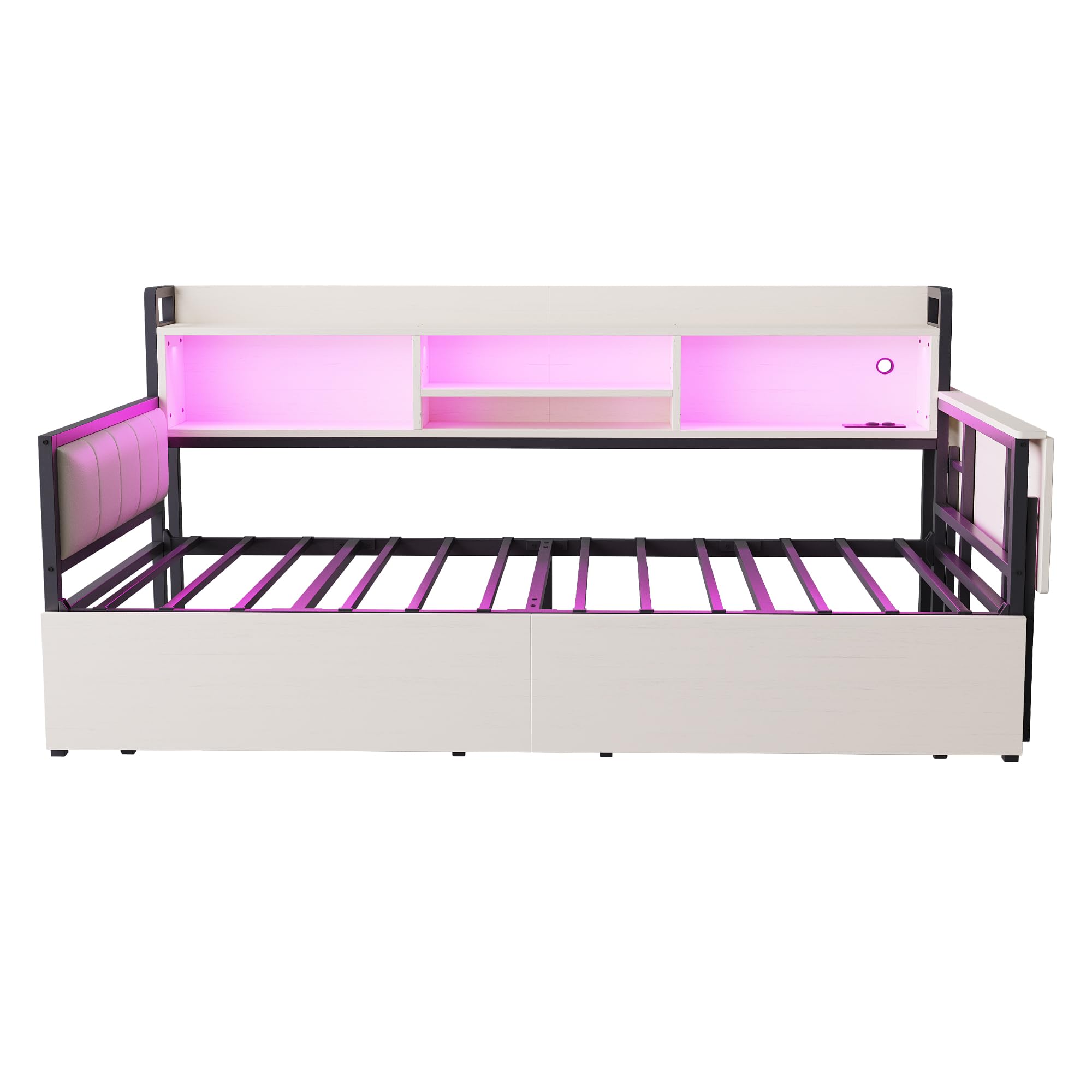 Lcoho Divano letto in ferro 90 x 200 cm, con illuminazione a LED e spazio di archiviazione, con cassetti e presa multifunzionale, scrivania pieghevole, schienale morbido, letto singolo (bianco)